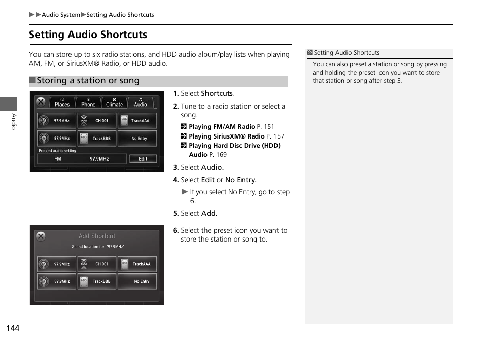 P144), Setting audio shortcuts | Acura 2015 MDX - Navigation Manual (Without Software Update) Ver. ST02 User Manual | Page 145 / 341