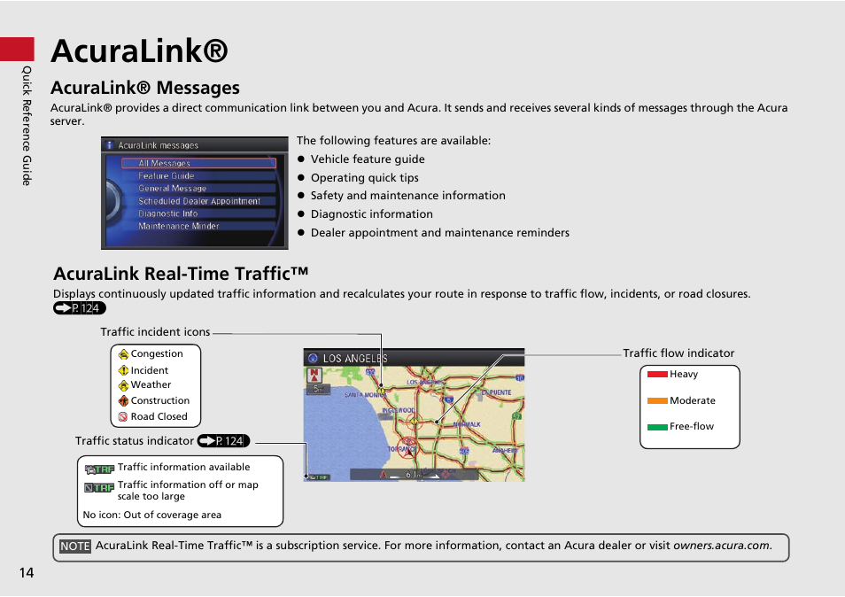 Acuralink, P14), Acuralink® messages | Acuralink real-time traffic | Acura 2015 MDX - Navigation Manual (Without Software Update) Ver. ST02 User Manual | Page 15 / 341