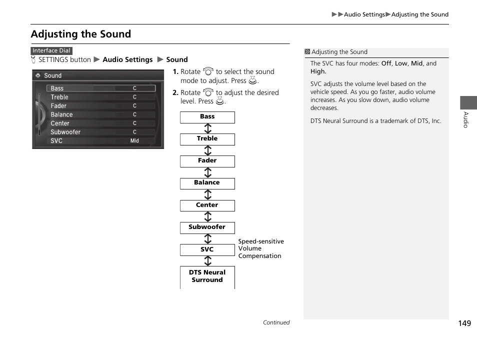 Adjusting the sound | Acura 2015 MDX - Navigation Manual (Without Software Update) Ver. ST02 User Manual | Page 150 / 341