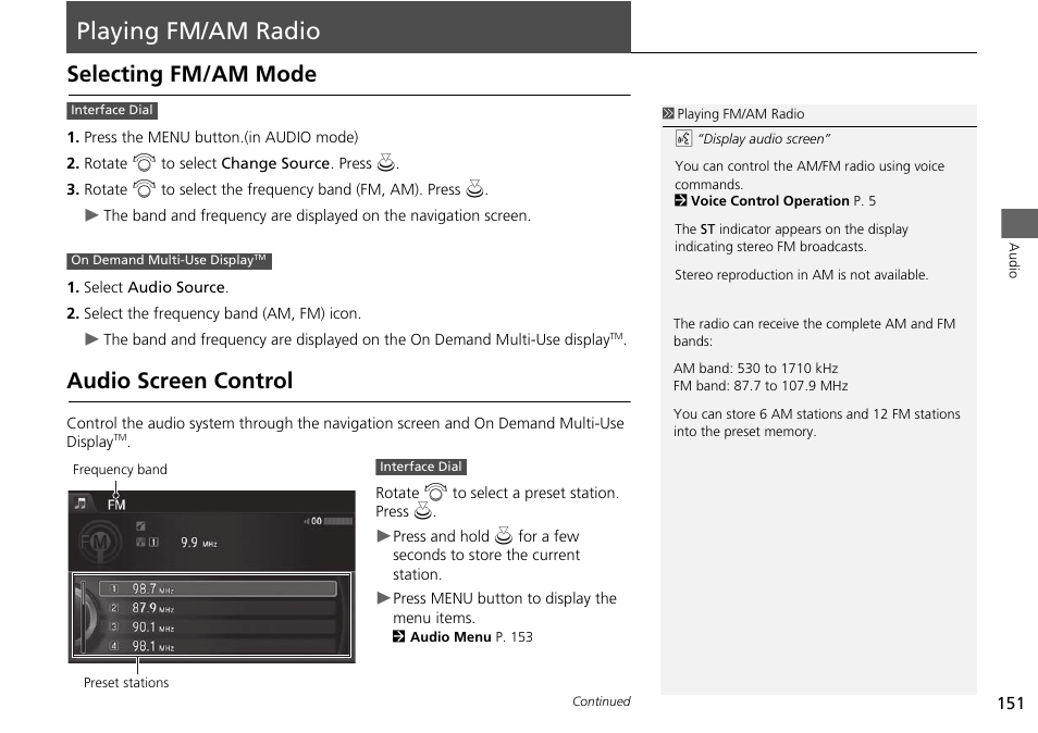 Playing fm/am radio 151, P151), Playing fm/am radio | Selecting fm/am mode audio screen control, Playing fm/am radio p. 151, Selecting fm/am mode, Audio screen control | Acura 2015 MDX - Navigation Manual (Without Software Update) Ver. ST02 User Manual | Page 152 / 341