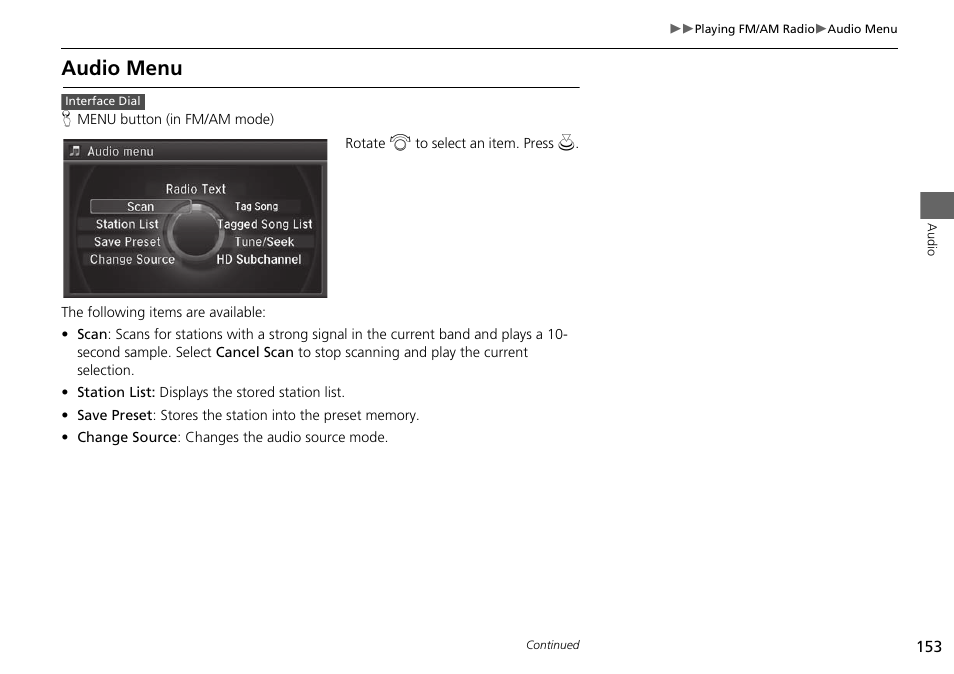 Audio menu | Acura 2015 MDX - Navigation Manual (Without Software Update) Ver. ST02 User Manual | Page 154 / 341