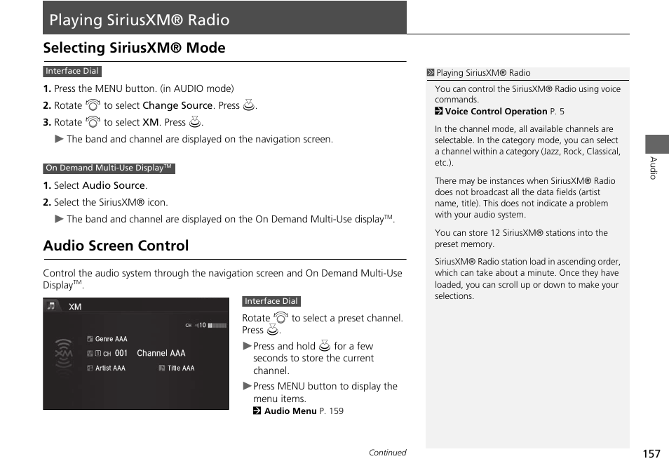 Playing siriusxm® radio 157, P157), Playing siriusxm® radio | Selecting siriusxm® mode audio screen control, Playing siriusxm® radio p. 157, Selecting siriusxm® mode, Audio screen control | Acura 2015 MDX - Navigation Manual (Without Software Update) Ver. ST02 User Manual | Page 158 / 341