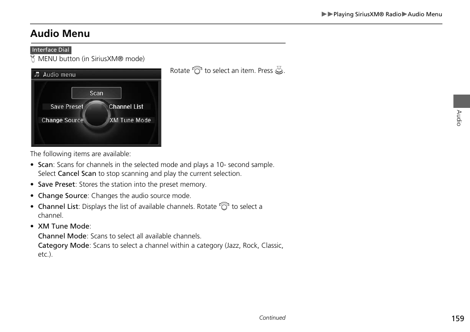 Audio menu | Acura 2015 MDX - Navigation Manual (Without Software Update) Ver. ST02 User Manual | Page 160 / 341