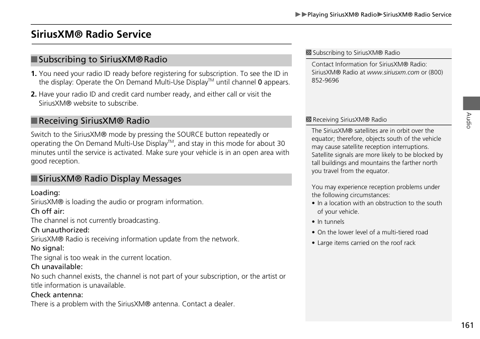 Siriusxm® radio service, Subscribing to siriusxm | Acura 2015 MDX - Navigation Manual (Without Software Update) Ver. ST02 User Manual | Page 162 / 341