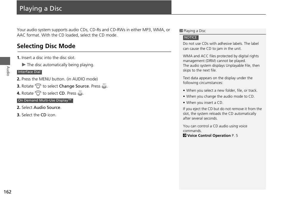 Playing a disc 162, P162), Playing a disc | Selecting disc mode | Acura 2015 MDX - Navigation Manual (Without Software Update) Ver. ST02 User Manual | Page 163 / 341
