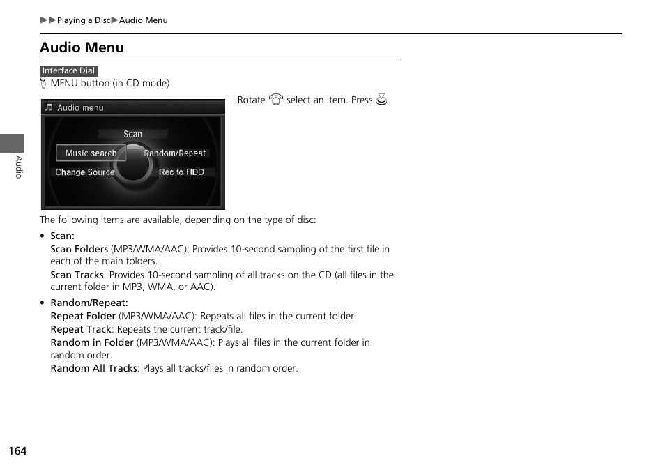 Audio menu | Acura 2015 MDX - Navigation Manual (Without Software Update) Ver. ST02 User Manual | Page 165 / 341