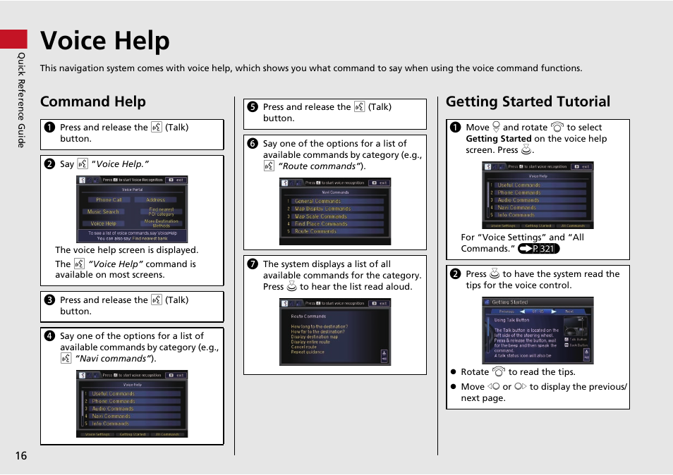 Voice help, P16), Voice help (p16) | Command help, Getting started tutorial | Acura 2015 MDX - Navigation Manual (Without Software Update) Ver. ST02 User Manual | Page 17 / 341