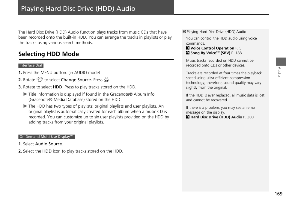 Playing hard disc drive (hdd) audio 169, P169), Playing hard disc drive (hdd) audio | Selecting hdd mode, Playing hard disc drive (hdd), Audio p. 169 | Acura 2015 MDX - Navigation Manual (Without Software Update) Ver. ST02 User Manual | Page 170 / 341