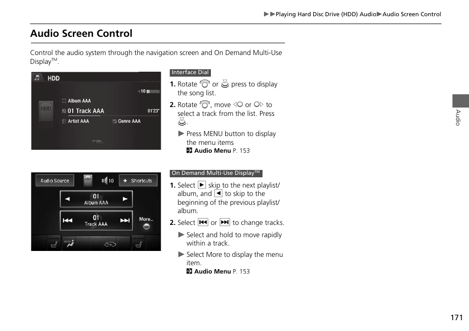 Audio screen control | Acura 2015 MDX - Navigation Manual (Without Software Update) Ver. ST02 User Manual | Page 172 / 341