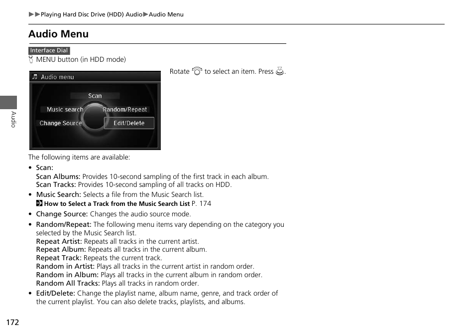 Audio menu | Acura 2015 MDX - Navigation Manual (Without Software Update) Ver. ST02 User Manual | Page 173 / 341