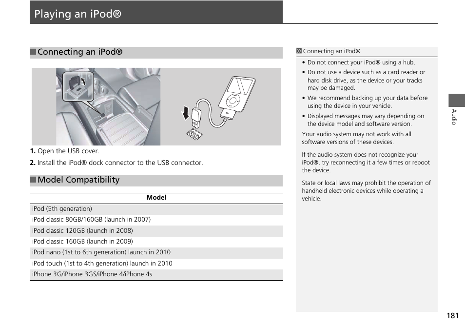 Playing an ipod® 181, P181), Playing an ipod | Acura 2015 MDX - Navigation Manual (Without Software Update) Ver. ST02 User Manual | Page 182 / 341