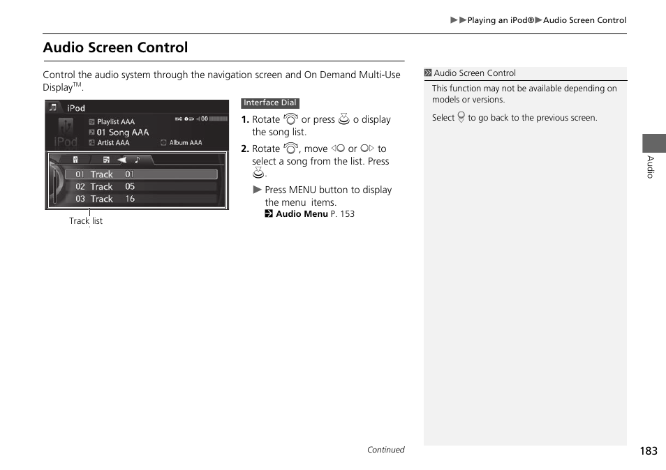 Audio screen control | Acura 2015 MDX - Navigation Manual (Without Software Update) Ver. ST02 User Manual | Page 184 / 341