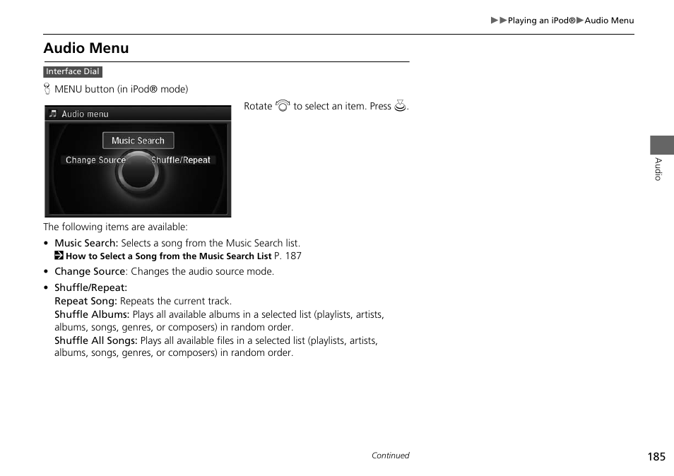 Audio menu | Acura 2015 MDX - Navigation Manual (Without Software Update) Ver. ST02 User Manual | Page 186 / 341