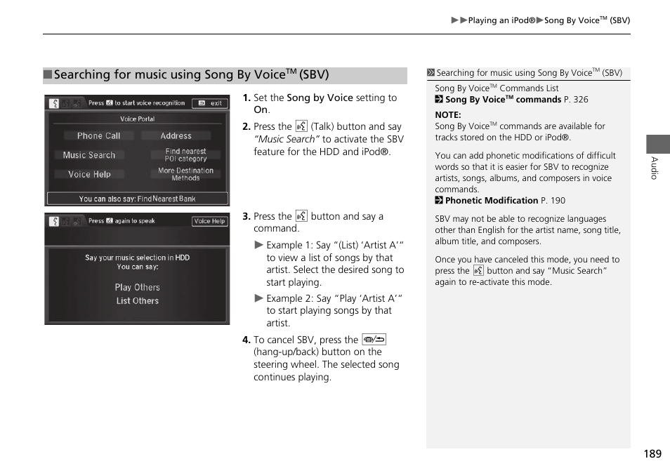 Searching for music using song by voice, Sbv) | Acura 2015 MDX - Navigation Manual (Without Software Update) Ver. ST02 User Manual | Page 190 / 341