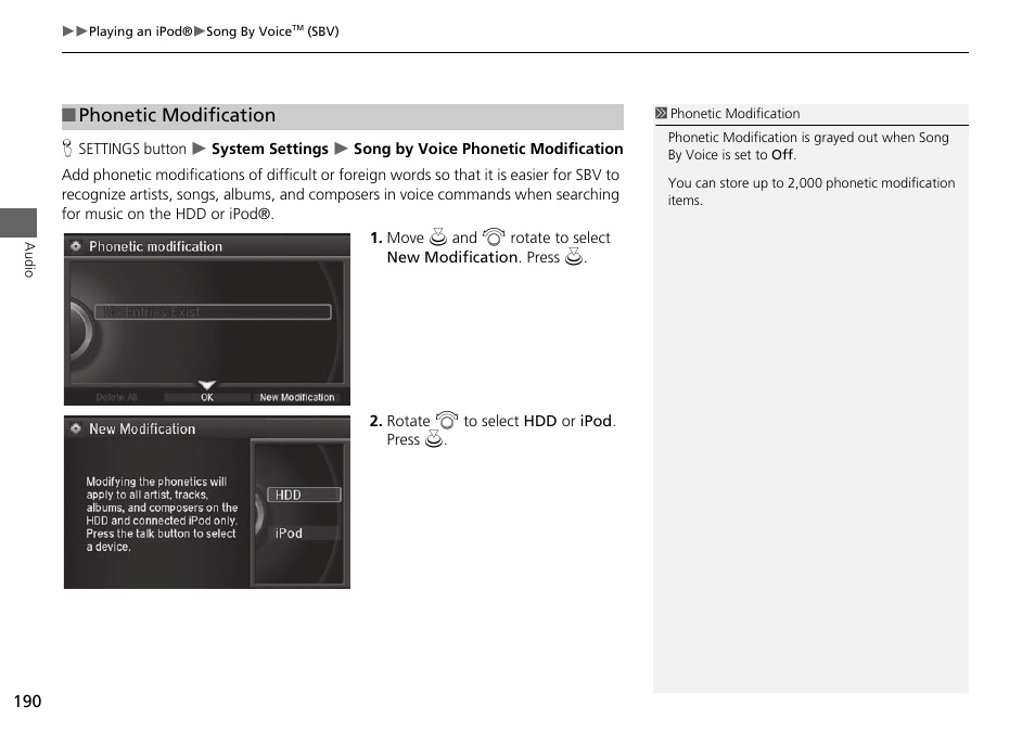 Phonetic modification, P. 190, 2 phonetic modification p. 190 | Acura 2015 MDX - Navigation Manual (Without Software Update) Ver. ST02 User Manual | Page 191 / 341