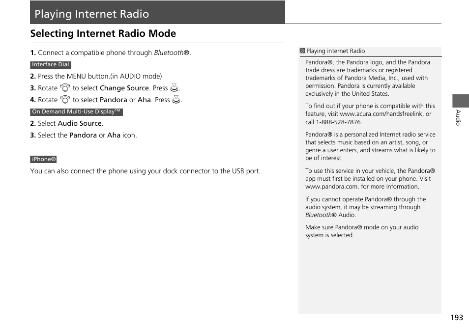 Playing internet radio 193, P193), Playing internet radio | Selecting internet radio mode | Acura 2015 MDX - Navigation Manual (Without Software Update) Ver. ST02 User Manual | Page 194 / 341
