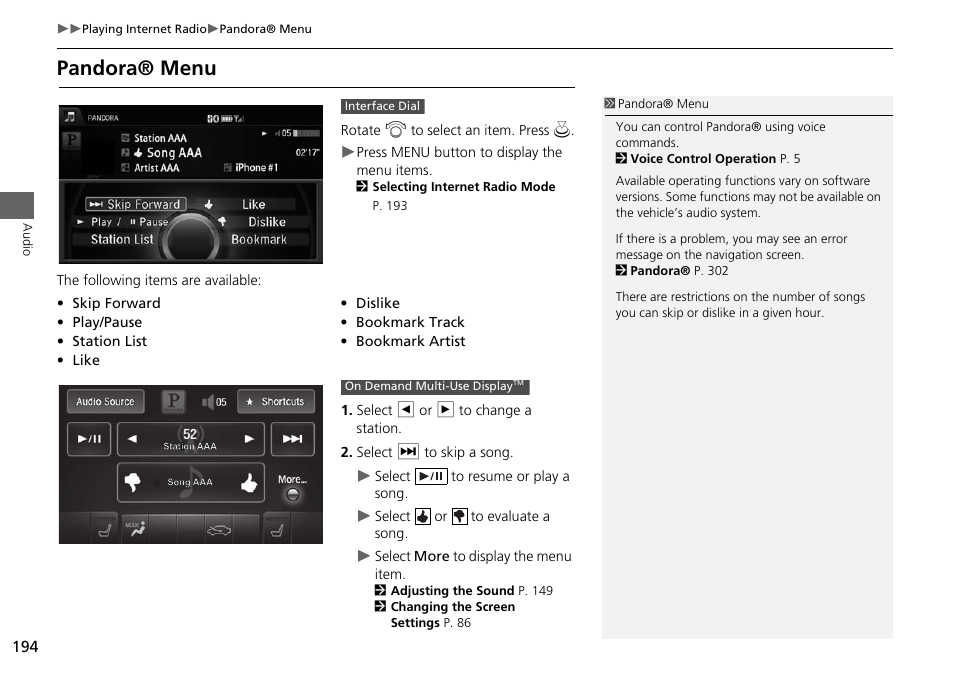 Pandora® menu | Acura 2015 MDX - Navigation Manual (Without Software Update) Ver. ST02 User Manual | Page 195 / 341