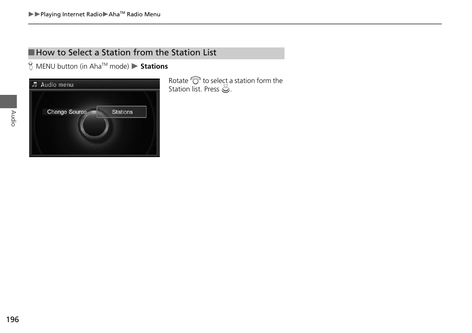 How to select a station from the station list | Acura 2015 MDX - Navigation Manual (Without Software Update) Ver. ST02 User Manual | Page 197 / 341