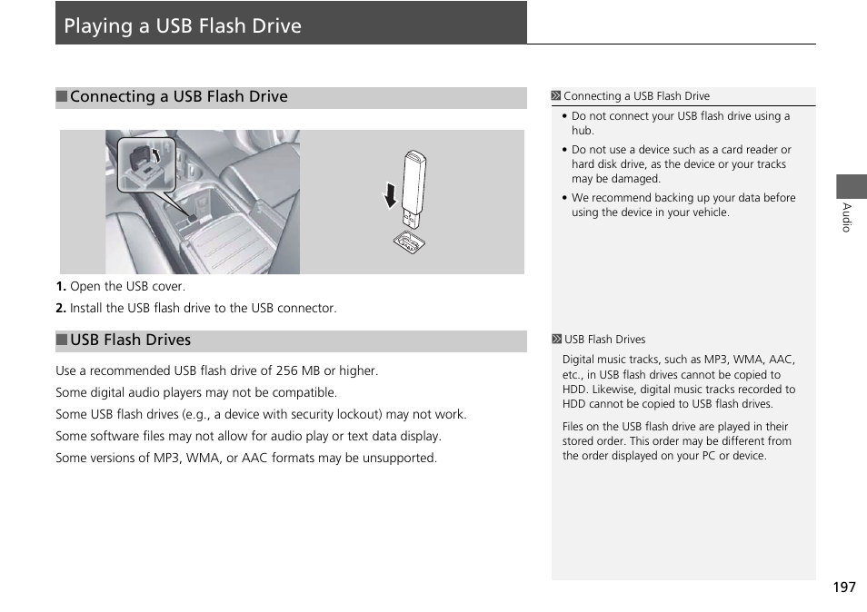 Playing a usb flash drive 197, P197), Playing a usb flash drive | Acura 2015 MDX - Navigation Manual (Without Software Update) Ver. ST02 User Manual | Page 198 / 341
