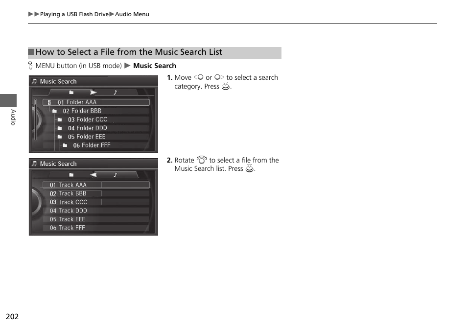 How to select a file from the music search list, P. 202 | Acura 2015 MDX - Navigation Manual (Without Software Update) Ver. ST02 User Manual | Page 203 / 341