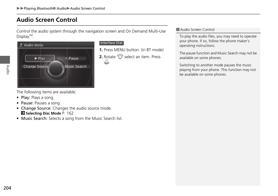 Audio screen control | Acura 2015 MDX - Navigation Manual (Without Software Update) Ver. ST02 User Manual | Page 205 / 341