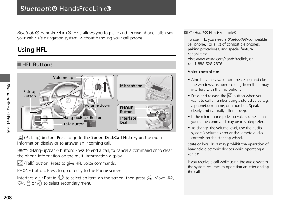 Bluetooth ® handsfreelink® 208, P208), 2 bluetooth ® handsfreelink® p. 208 | Bluetooth ® handsfreelink, P. 208, Using hfl, Hfl buttons | Acura 2015 MDX - Navigation Manual (Without Software Update) Ver. ST02 User Manual | Page 209 / 341