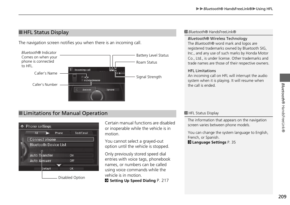 Hfl status display, Limitations for manual operation | Acura 2015 MDX - Navigation Manual (Without Software Update) Ver. ST02 User Manual | Page 210 / 341