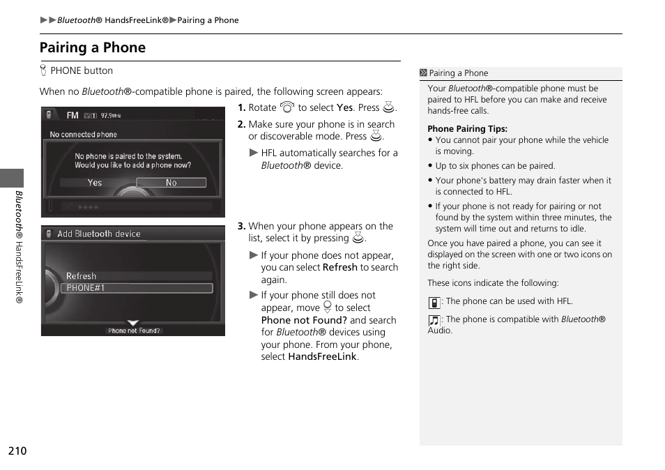 Tton, P210), Pairing a phone | Acura 2015 MDX - Navigation Manual (Without Software Update) Ver. ST02 User Manual | Page 211 / 341