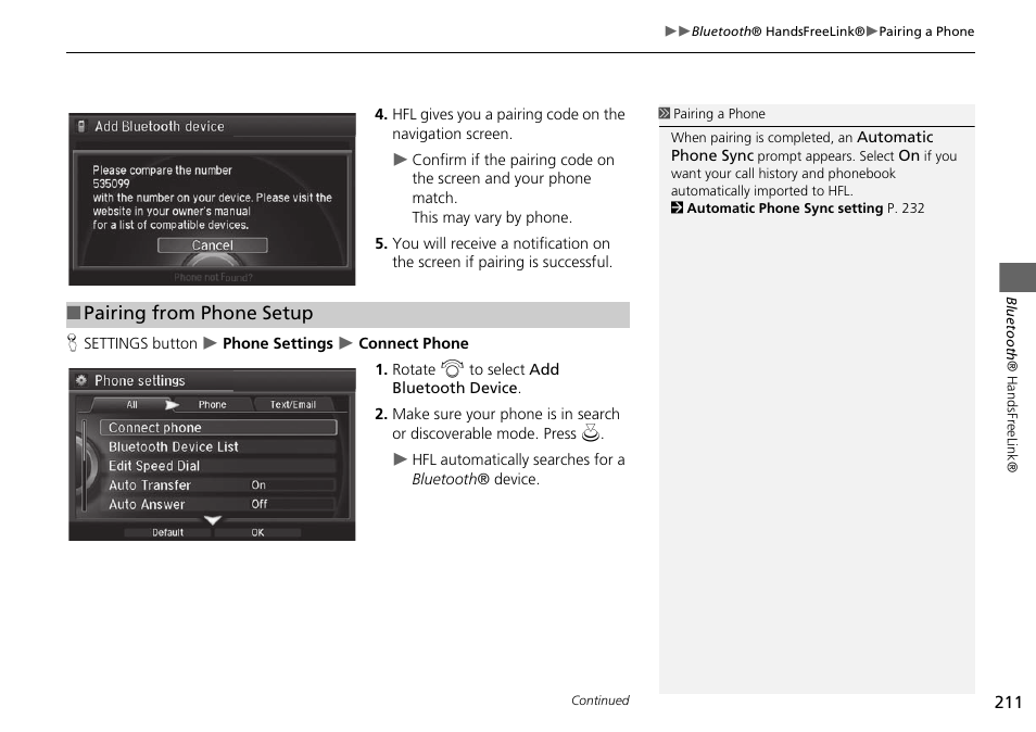 Pairing from phone setup | Acura 2015 MDX - Navigation Manual (Without Software Update) Ver. ST02 User Manual | Page 212 / 341