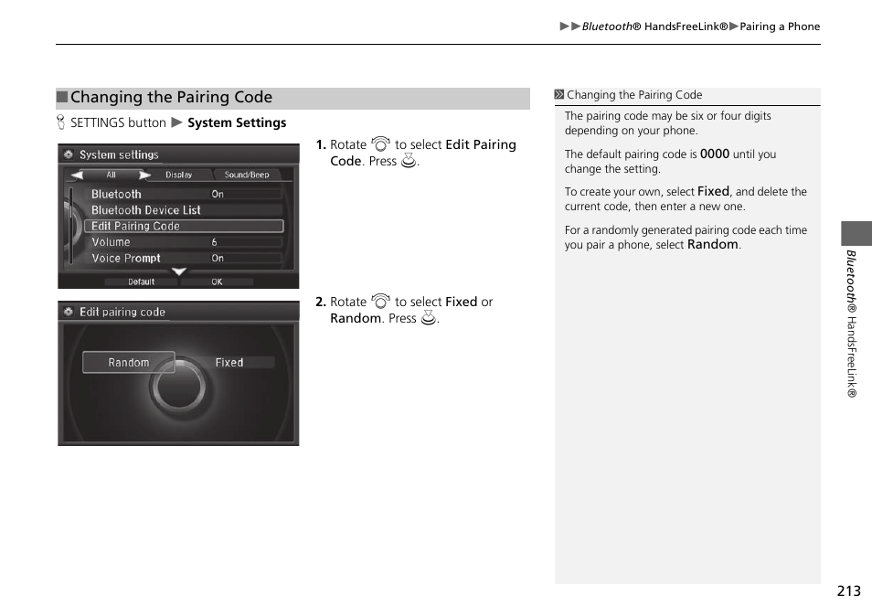 Changing the pairing code | Acura 2015 MDX - Navigation Manual (Without Software Update) Ver. ST02 User Manual | Page 214 / 341