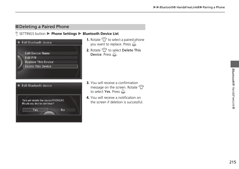 Deleting a paired phone | Acura 2015 MDX - Navigation Manual (Without Software Update) Ver. ST02 User Manual | Page 216 / 341