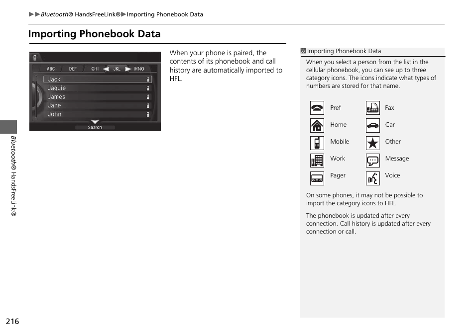 Importing phonebook data | Acura 2015 MDX - Navigation Manual (Without Software Update) Ver. ST02 User Manual | Page 217 / 341