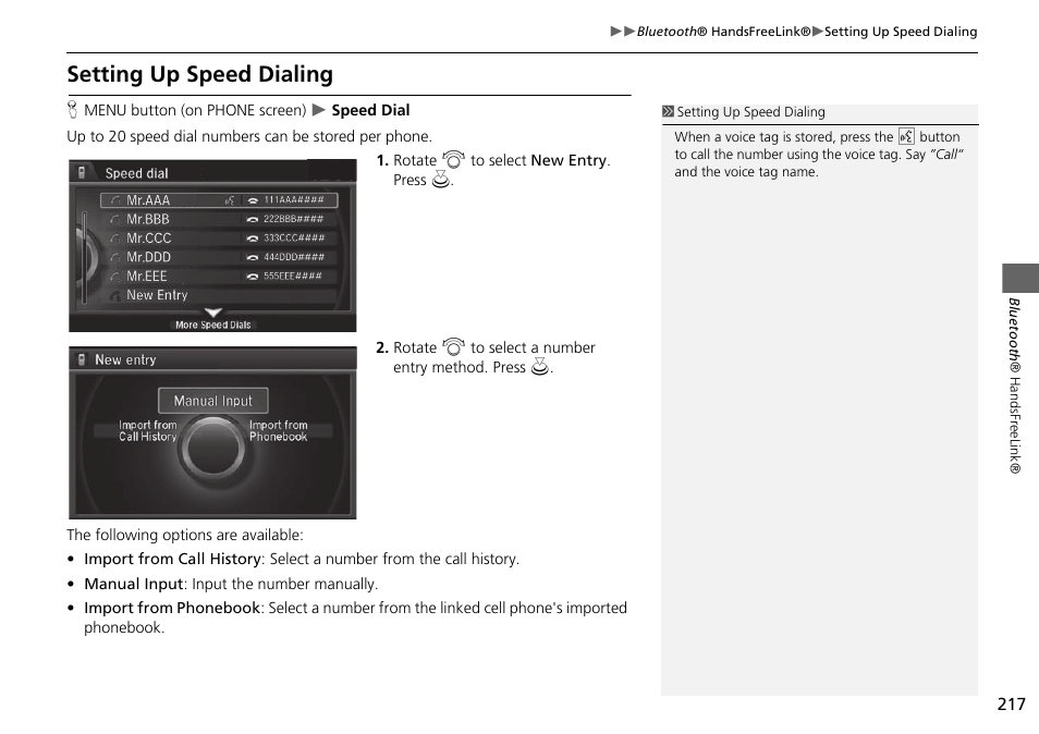 Setting up speed dialing | Acura 2015 MDX - Navigation Manual (Without Software Update) Ver. ST02 User Manual | Page 218 / 341