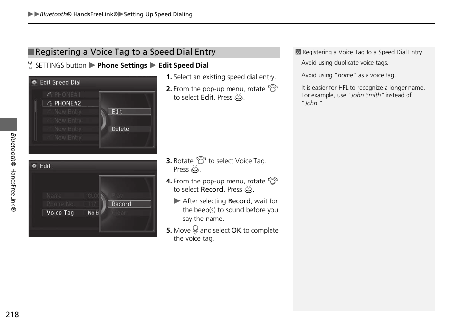 Registering a voice tag to a speed dial entry | Acura 2015 MDX - Navigation Manual (Without Software Update) Ver. ST02 User Manual | Page 219 / 341