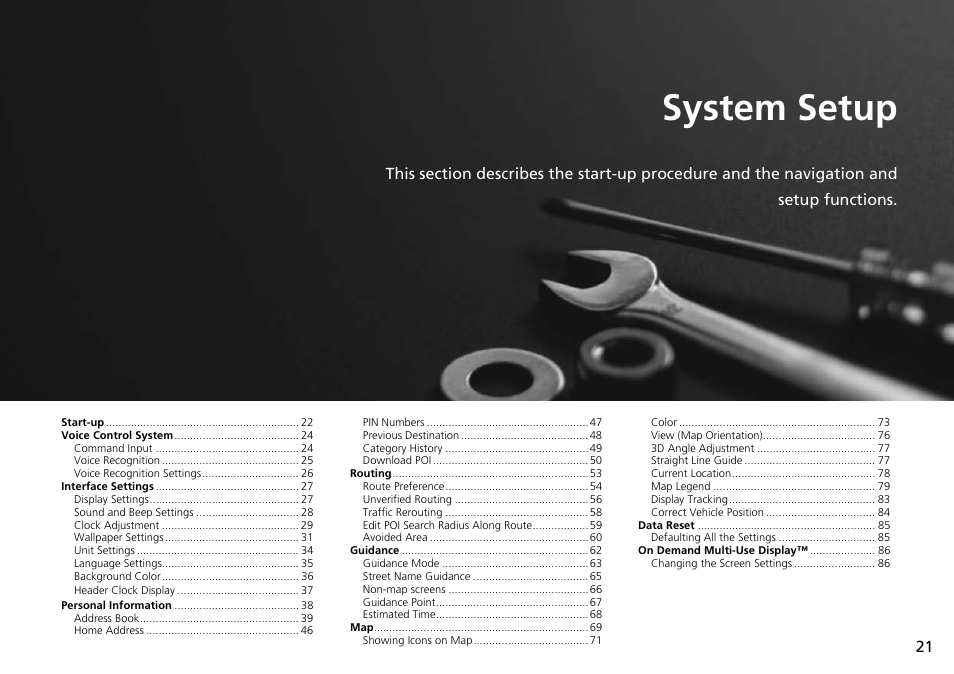 System setup, 2 system setup p. 21, P.21 | Acura 2015 MDX - Navigation Manual (Without Software Update) Ver. ST02 User Manual | Page 22 / 341