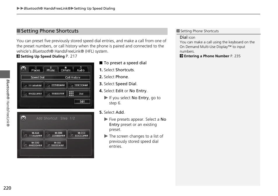 P220), Setting phone shortcuts | Acura 2015 MDX - Navigation Manual (Without Software Update) Ver. ST02 User Manual | Page 221 / 341