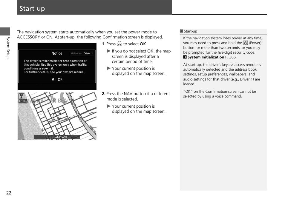 Start-up 22, Start-up | Acura 2015 MDX - Navigation Manual (Without Software Update) Ver. ST02 User Manual | Page 23 / 341