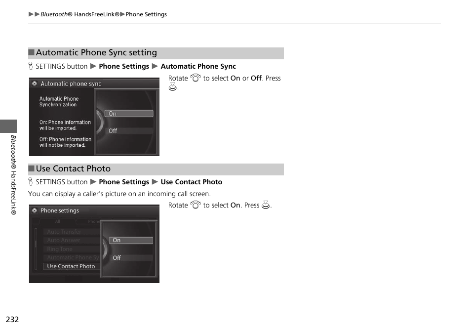 Automatic phone sync setting ■ use contact photo | Acura 2015 MDX - Navigation Manual (Without Software Update) Ver. ST02 User Manual | Page 233 / 341