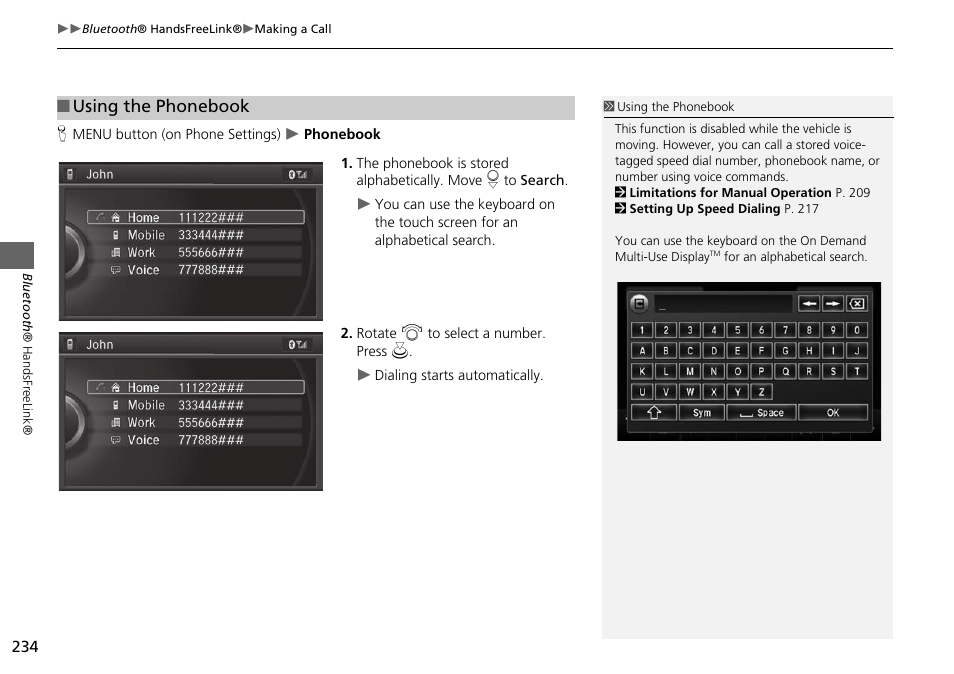 Using the phonebook | Acura 2015 MDX - Navigation Manual (Without Software Update) Ver. ST02 User Manual | Page 235 / 341