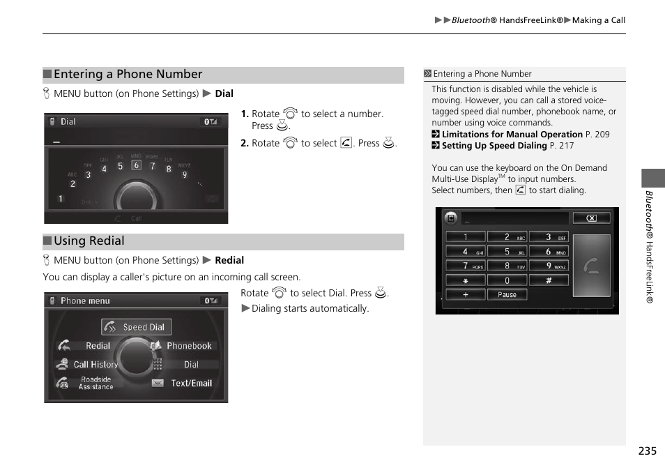 Entering a phone number, Using redial | Acura 2015 MDX - Navigation Manual (Without Software Update) Ver. ST02 User Manual | Page 236 / 341
