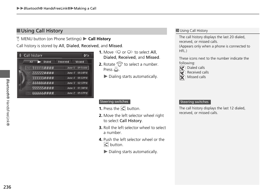 Using call history | Acura 2015 MDX - Navigation Manual (Without Software Update) Ver. ST02 User Manual | Page 237 / 341