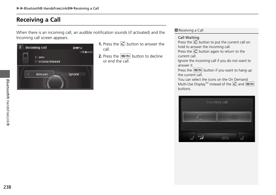 Receiving a call | Acura 2015 MDX - Navigation Manual (Without Software Update) Ver. ST02 User Manual | Page 239 / 341