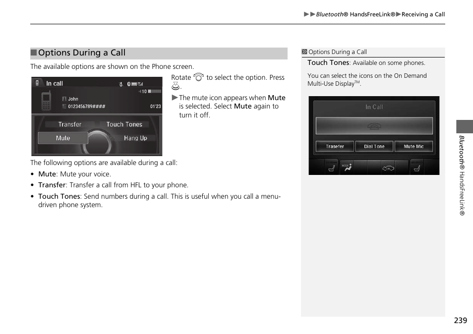 Options during a call | Acura 2015 MDX - Navigation Manual (Without Software Update) Ver. ST02 User Manual | Page 240 / 341