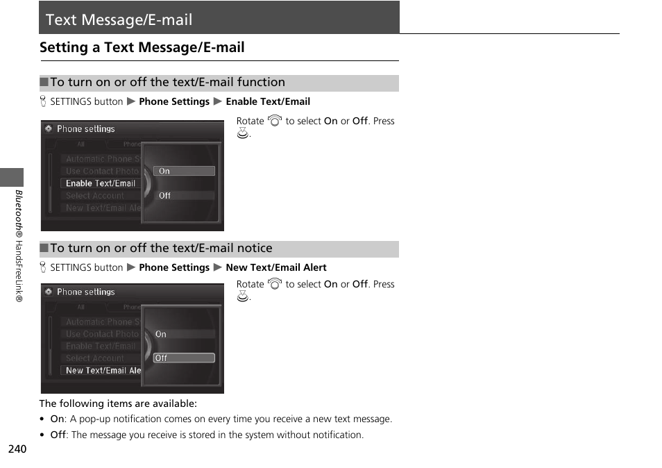 Text message/e-mail 240, Text message/e-mail, Setting a text message/e-mail | Acura 2015 MDX - Navigation Manual (Without Software Update) Ver. ST02 User Manual | Page 241 / 341