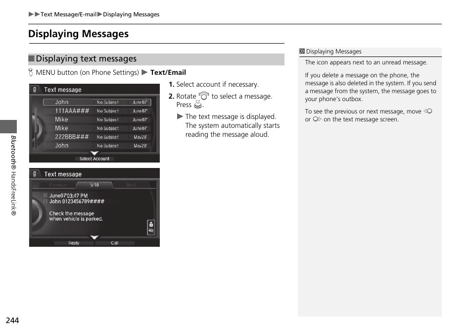 Displaying messages, Displaying text messages | Acura 2015 MDX - Navigation Manual (Without Software Update) Ver. ST02 User Manual | Page 245 / 341