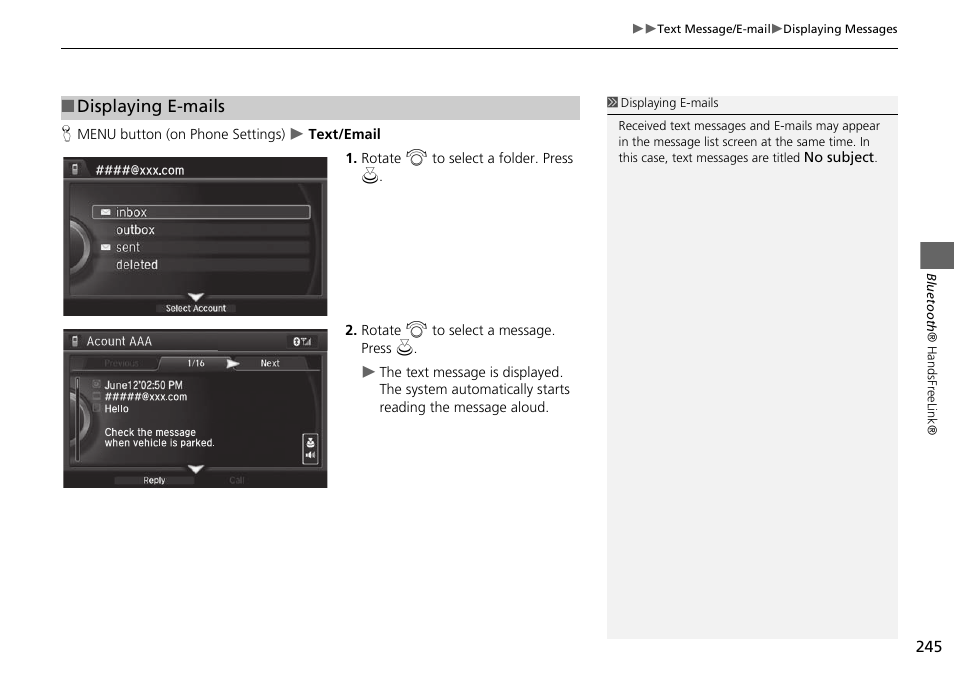 Displaying e-mails | Acura 2015 MDX - Navigation Manual (Without Software Update) Ver. ST02 User Manual | Page 246 / 341