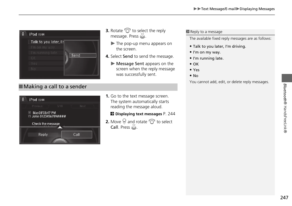 Making a call to a sender | Acura 2015 MDX - Navigation Manual (Without Software Update) Ver. ST02 User Manual | Page 248 / 341