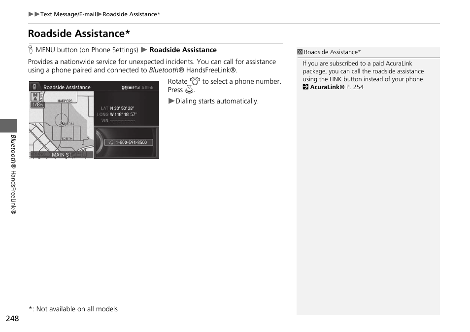 Roadside assistance | Acura 2015 MDX - Navigation Manual (Without Software Update) Ver. ST02 User Manual | Page 249 / 341
