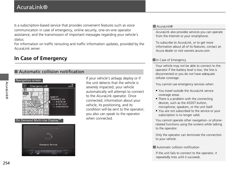Acuralink® 254, Acuralink, P254) | 2 acuralink® p. 254, In case of emergency, Automatic collision notification | Acura 2015 MDX - Navigation Manual (Without Software Update) Ver. ST02 User Manual | Page 255 / 341