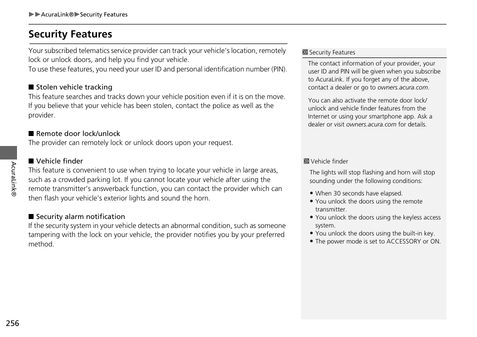 Security features | Acura 2015 MDX - Navigation Manual (Without Software Update) Ver. ST02 User Manual | Page 257 / 341